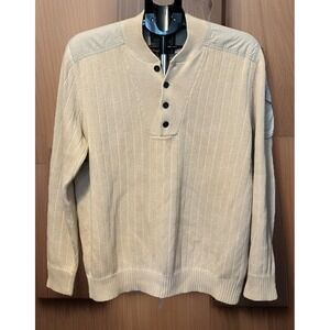 Eddie Bauer‎ Sport Shop Mens L Biege Sweater Henley Knit Shoulder Patch Pocket